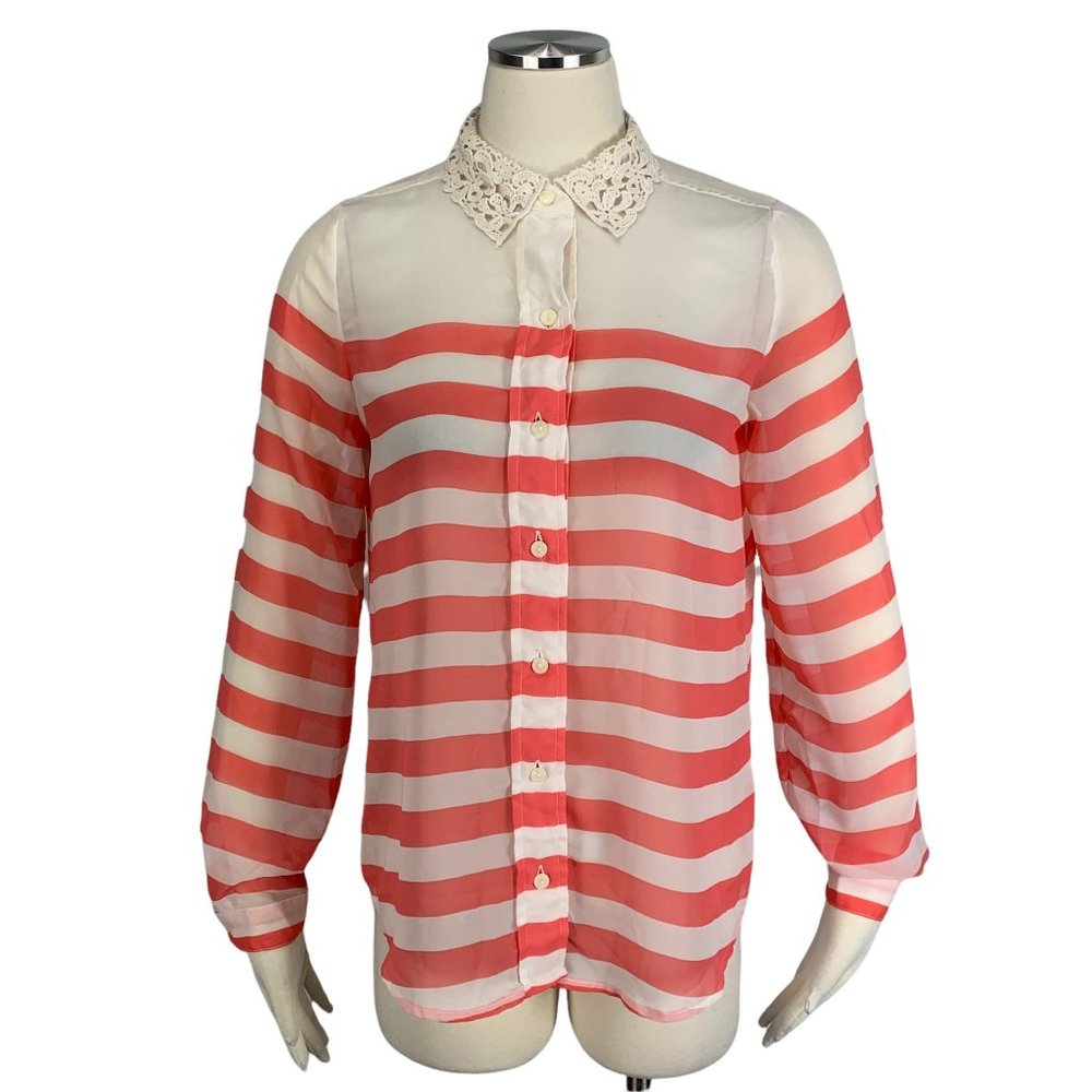 Lauren Conrad Small Blouse Semi Sheer Crochet Collar Stripe